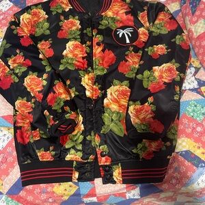 BLVD Black Bomber Jacket with Red and Green Floral Design